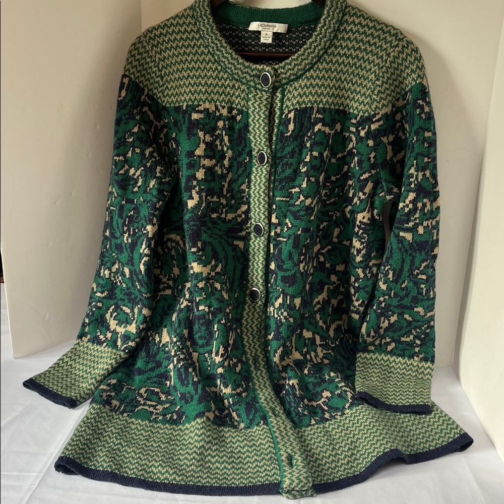 Liz Claiborne Green and Cream Knit Cardigan